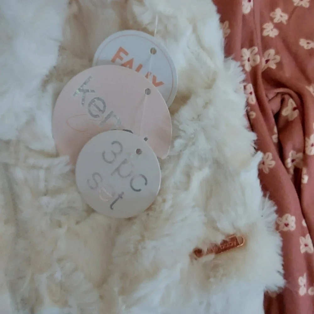 NWT Kensie Baby 3 Pc Pink Bell Sleeve Outfit w/Ivory Faux Fur Bear Jacket ~6/9M